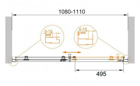 Дверь в нишу 1200(1180-1210)хh1900мм, сдвижная с неподв. сегм., вход 495мм справа/слева, (стекло прозрачн.6мм, фурн.цв.черный матовый),  ZZ Cezares Eco ECO-O-BF-1-120-C-NERO
