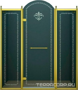 Дверь в нишу 1500x2118мм, (1475-1525)x2118, с двумя неподв. сегмент, "левая" петли слева(вход 600мм), (стек/прозр с мат/узор, 8мм, фурн/зол), ZZ Cezares Retro RETRO-B-13-150-CP-G-L