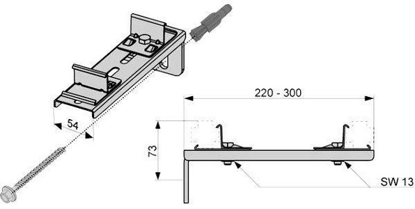 Крепление двойное, удлинённое 220-300мм, (кронштейн, анкер, дюбель) для сборки профилей, (оцинкованная сталь),  ZZ Tece TECEprofil 9030013