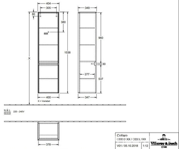 Шкаф-пенал 404хh1538х349мм, подвесной, 2-х дверный, петли справа, крепёж в комп., (цв. DH белый глянец),  ZZ Villeroy & Boch Collaro C03301DH