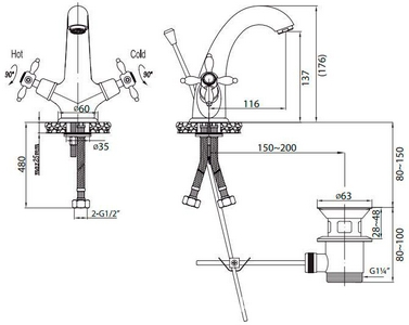 Смеситель для раковины, с д/к, (цв.золото),  ZZ Cezares Nostalgia NOSTALGIA-LS1-03/24