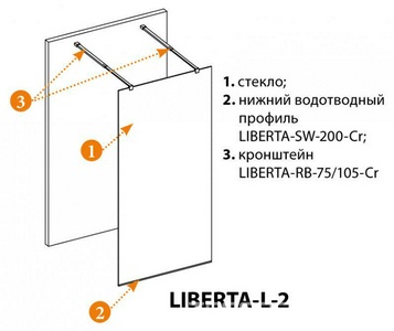 Душевая перегородка 1100хh1950мм, для 2-х стороннего входа, (стекло прозрач.8мм, поперечные кронштейны 750-1050мм, фурнит. цв.черный мат.),  ZZ Cezares Liberta LIBERTA-L-2-110-BR-NERO