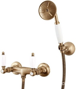 Смеситель для душа, шланг, лейка, кронштейн в компл., (цв. бронза, ручки белые),  ZZ Cezares First FIRST-D-02-Bi