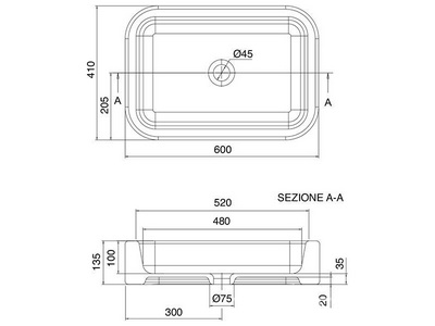 Раковина накладная на столешницу, прямоугольная, 60х41хh13,5см, без отв.д/смесителя,  ZZ Scarabeo Next 8307