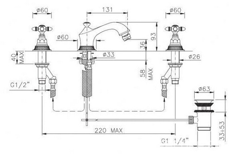 Смеситель для биде на 3 отв., (цв.гальван.золото, ручки 36L),  ZZ Nicolazzi Impero 1215 GB 36L