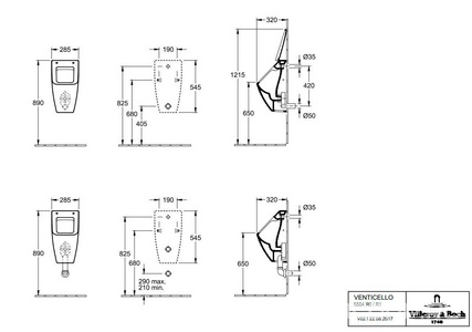 Писсуар 285x545x315мм, с защитой от брызг, скрытый подвод воды, крепёж в компл., БЕЗ отв.д/крепеж.крышки, (цв.R1 white cer+),  ZZ Villeroy & Boch Venticello 5504R0R1