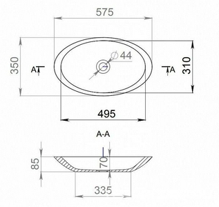 Раковина накладная на столешн., овальная, 575х345хh85мм, без отв.д/смес,без перелива,литой камень S-Sense, глянец цв.белый,  02 ZZ Salini Callista 1101102G