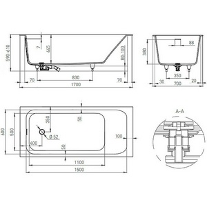 Ванна 1700х700хh600мм, встраив., литой камень S-Stone матовый цв.белый, д/к Up&Down в цвет ванны, интегрир.слив-перелив, ножки в компл,  ZZ Salini Orlanda Kit 102121M