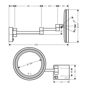 Зеркало косметическое d160(217)мм, 3х кратн.увелич., на выдвижн. кронштейне 393мм, с подсветкой 2W (21x0.08 W/LED), (цв.шлифован.бронза),  ZZ Hansgrohe AddStoris 41790140