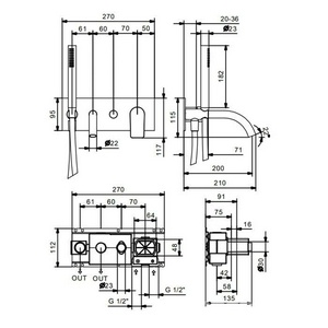 Смеситель для ванны встраиваемый в стену, наружная часть БЕЗ скрытой арт.22 00 D020A, лейка, шланг в компл., (цв.хром),  ZZ Fantini Myo 61 02 V621B