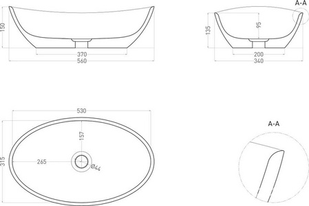 Раковина накладн. на столешн,овал.555х340хh150мм,без отв.д/смес,без перелива,литой камень S-Stone, матов цв.белый,  Salini Noemi 1101203SM