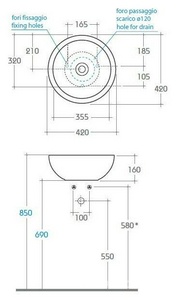Раковина накладная на столешницу, круглая d420хh160мм, без отв.д/смесит., без перелива,  ZZ Globo Forty3 SC042.BI