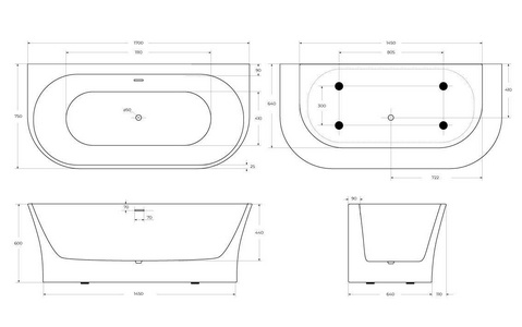 Ванна 1700x750xh580мм, пристенная, интегрированный слив-перелив, донный клапан цв.хром в компл., (акрил цв.белый), BelBagno ZZ BelBagno Универсал BB711-1700-750