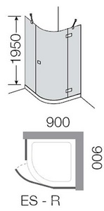 Душ каб.распашная дверь с неподв.сегм., 1/4 круга, R=550, DX петли справа (90х90хh195см, стекло 6мм, GL прозр., фурн. 05 полир.алюмин) E-LITE ZZ Provex E-Lite 6004ES-R-05GL