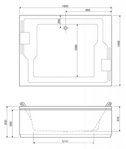 Ванна 190х145хh51см, прямоугольная, без каркаса и удлинённого слива-перелива, (акрил), Plane-Duo ZZ Cezares Plane Duo PLANE_DUO-190-145-51