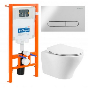 Комплект: унитаз подвесной безободковый, сиденье с микролифтом, инсталляция для подв.унитаза, крепёж, клавиша смыва цв.хром, Acqua ZZ BelBagno ACQUA BB340CHR/BB2020SC/BB002-80/BB005-PR-CHROME