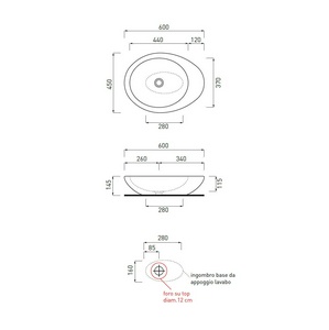 Раковина накладная на стол, овальная 60х45хh14,5мм, без отв.д/смес, без перелива и пробки слива, (цв.Gloss White),  ZZ Ceramica Cielo Le Giare LGLA60 (Gloss White)