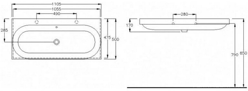 Раковина 1105х500мм, с 2 отверст. д/смесит., (БЕЗ креплен.YR47),  ZZ Hatria Daytime Y0YS01