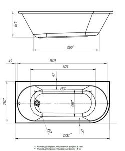 Ванна акриловая, угловая 170х75 см, левая, без каркаса, панели и слива-перелива, цвет белый ZZ 1Marka ALISA 01али1775л
