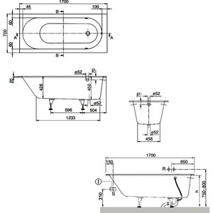 Ванна 1700х700хh450мм, (кварил цв.белый), без отверст.перелива, сверло, ножки пласт. h145-180мм в комп, (без удлинённого слива-перелива),  Villeroy & Boch Oberon UBQ177OBE2V-01