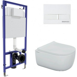 Комплект : инсталляция NOVUM для подвесного унитаза+ клавиша O1 белая глянец+ подвесной унитаз, безободковый, с сиденьем микролифт ZZ Berges Vita 043379
