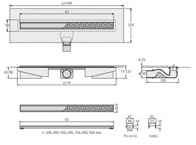 Душевой трап Berges B1 Keramik 700 нержавеющая сталь, решетка  хром глянец, S-сифон боковой ZZ Berges Универсал 091118