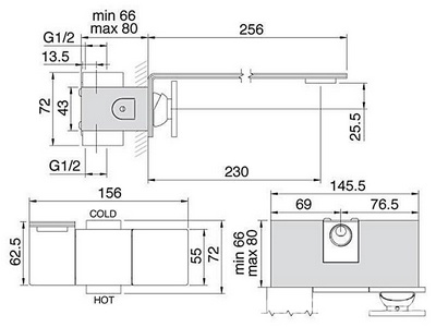 Смеситель для раковины, встраиваемый в стену, 1 ручк. вертик., излив 256мм, (цв. тертая сталь),  ZZ 3M 5mm 2852 JJ 5M