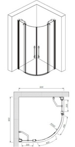 Душевое ограждение, 1/4 круга, R550, 900х900хh1950мм, 2 расп.двери с 2 неподв.сегм., (профиль цв. золото, стекло 6мм матовое.с прозр.рис),  ZZ Romance Collection Malme ML.R1.90.FGTP G КЛАССИКА