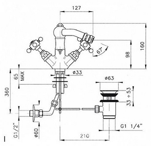 Смеситель для биде на 1 отв. с д/к, (цв.гальван.золото, ручки Half Dome), Nicolazzi ZZ Nicolazzi Tradizionale 1434 GB 70