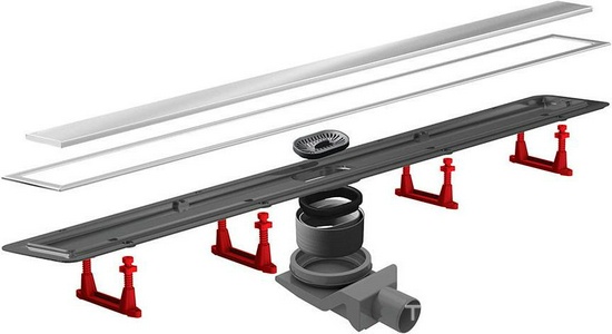 Дренажный канал 950хh71/117мм,готовый компл,сифон d50 выход вбок 48л/мин,ножки, 2х сторон.решётка/полая под плитку (цв.мат.хром), Confluo PL ZZ Bettoserb Confluo Frameless Line 13100007-NEW