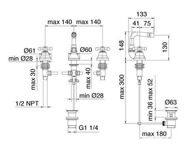 Cмеситель для биде на 3 отв., с д/к, (цв.бронза),  ZZ 3M Romantica 3627 UU VE
