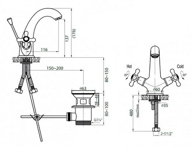 Смеситель для раковины, с д/к, (цв. бронза),  ZZ Cezares Retro RETRO-LS1-02