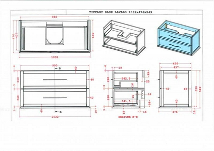 База подвесная под раковину с двумя выдвижными ящиками доводчиками, 100x46x55см, (цв.Nero grafite),  ZZ Cezares Tiffany 54952