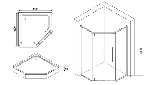 Душевая ограждение 90x90x200 см, пятиугольное, стекло прозрачное, поддон 13 см в комплекте, профиль хром,ZZ Loranto Loranto CS-816S B