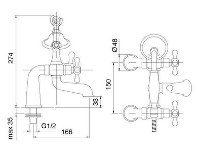Смеситель для ванны,встраиваемый в борт на 2 отв., с душевым гарнитуром, (цв.хром/золото),  ZZ 3M Romantica 3607 CD VE