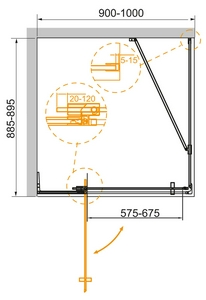 Душ уголок, дверь распашн.с неподв.сегм.900-(900-1000) x бок.стенка 885-900xh1950мм,прямоуг,правый/левый,(стекл.прозр. 8мм,фурн.цв.хром),  ZZ Cezares Slider SLIDER-AH-1-90-90/100-C-Cr