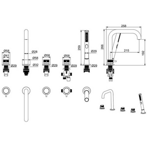 Смеситель для ванны, встраиваемый в борт, на 4 отверстия, с душ.гарнитуром, (цв.браш.никель),  ZZ Allen Brau Priority 5.31007-BN