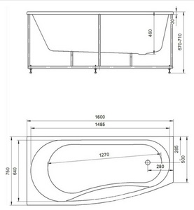Ванна акриловая угловая  Пандора 160х75 см, левая,  в комплекте слив-перелив, каркас и ФРОНТАЛЬНАЯ ПАНЕЛЬ ZZ Акватек оракул PAN160-0000038
