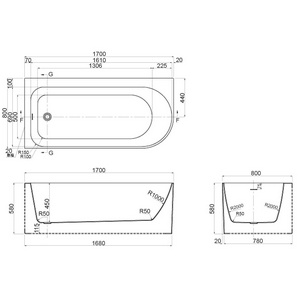 Ванна акриловая  1700x800x580 мм, пристенная,  в комплекте сифон, металлическая рама (каркас), левая, цв. белый, ZZ Azario LUTON LUT17080 L