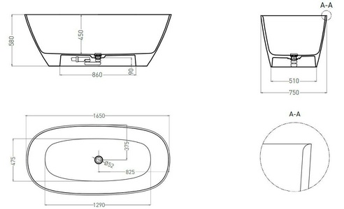 Ванна 1650х750хh600мм, отдельностоящая, литой камень S-Sense, глянец, БЕЗ ОТВЕРСТИЯ ПЕРЕЛИВА, нажимной слив камень в цвет ванны,  ZZ Salini Sofia Light 103611G