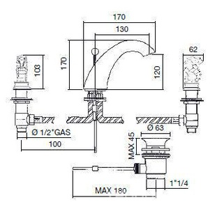 Смеситель для раковины на 3 отв., с д/к, (цв. бронза, ручки муранское стекло ручной работы),  ZZ Oasis Seahorse 000RBSHBR