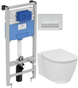 Комплект: унитаз подвесной, безободковый, сиденье с микролифт, монтажная рама с клавишей смыва цв.хром, CONNECT AquaBlade® ZZ Ideal Standard Prosys Connect E212701