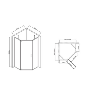 Душевой уголок 900х900хh2000мм, 5-ти угольн, распаш.дверь правая/левая, с 2 неподвижн. сегмент, (стекло прозр.6мм, фурнит. цв.черный мат.),  ZZ Vincea Slim-U VSP-2SU900CLB