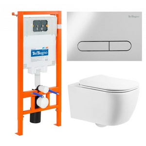 Комплект: унитаз подвесной безободковый, сиденье с микролифтом, инсталляция для подв.унитаза, крепёж, клавиша смыва цв.хром, Genova ZZ BelBagno genova BB1102CH/BB1102SC/BB002-80/BB005-PR-CHROME