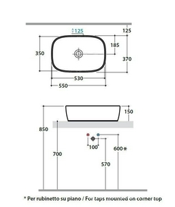 Раковина накладная на столешницу, прямоуг. 550х370хh150мм, без отв.д/смесит., без перелива,  ZZ Globo Genesis GE044.BI