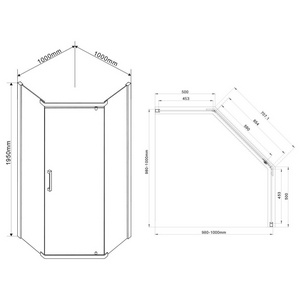 Душевой уголок 1000х1000хh1950мм, 5-ти угольный, распашн. дверь правая/левая, с 2 непод. сегмент,(стекло прозр.6мм, фурнит.цв.черный матов),  ZZ Vincea Stresa VSP-1S100CLB