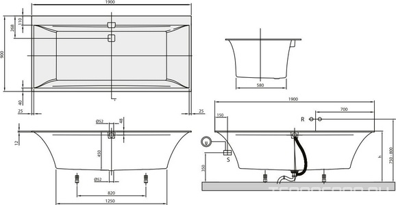Ванна 1900х900хh450мм, прямоуг. модель, (кварил цв.белый), (ножки пласт. h130-180мм, слив-перелив, крышки цв.белый и хром в компл.,),  Edge12 ZZ Villeroy & Boch Squaro UBQ190SQE2DV-01