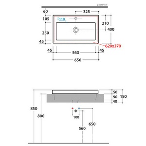 Раковина встраиваемая в столешницу сверху, прямоуг. 650х400хh50(140)мм, с 1 отв.д/смесит., с переливом,  ZZ Globo Incantho IN065BI