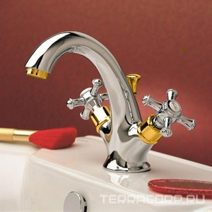 Смеситель для раковины, с д/к, (цв.хром/золото), (2 ручки с белыми пласт. вставками SO - Sogno),  ZZ 3M Old italy 4414 CD + 2 ручки SO - Sogno CC