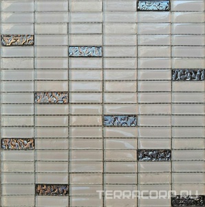 Мозаика Мастера Керамики Glass Мозаика 1086 микс белый-белыйколотый-платина рифленный низ 15х48 ZZ30х30 XX Белый 